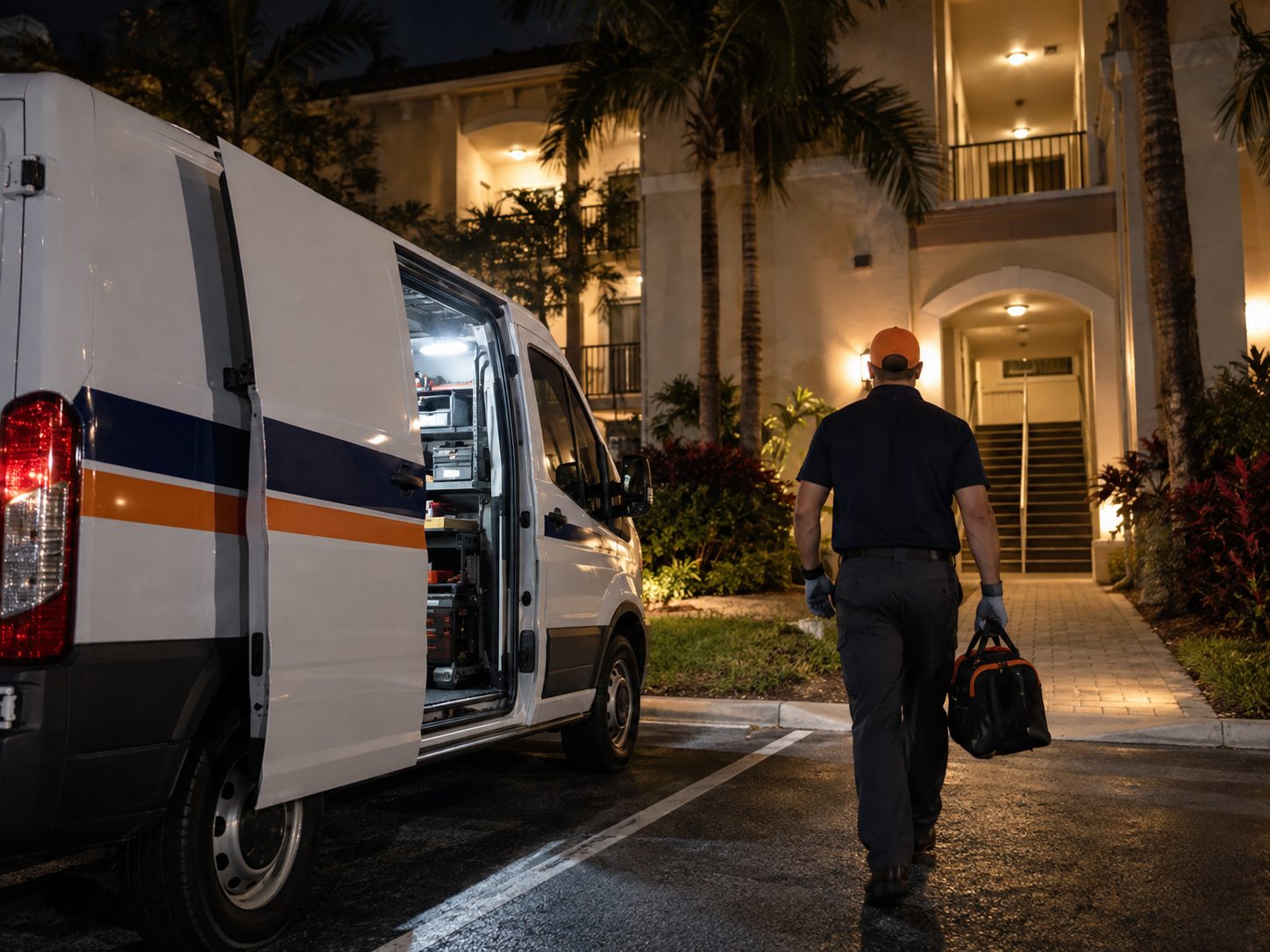 Night call: Walking up to a lockout at an apartment building after midnight.