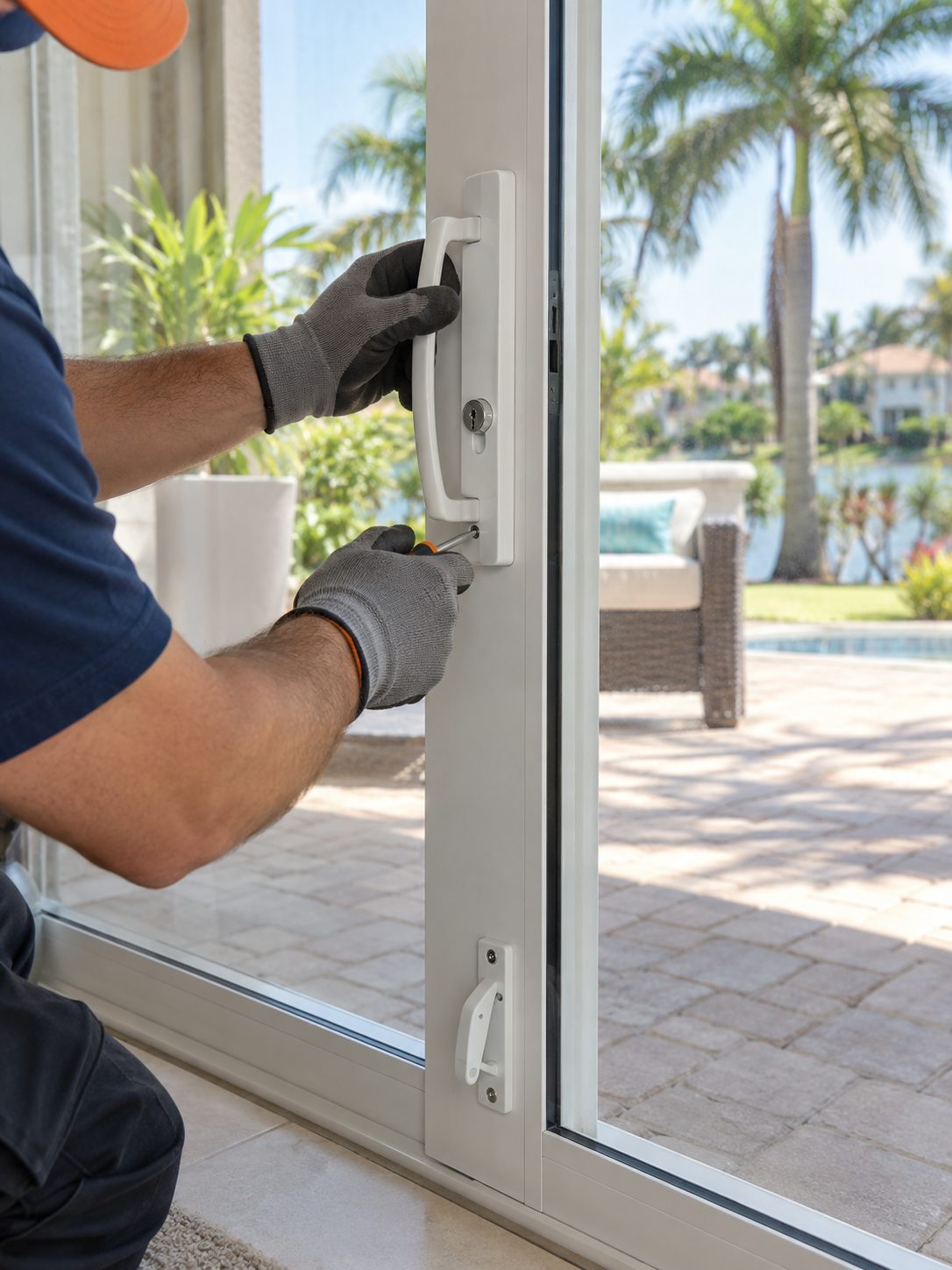 Handle and lock: New sliding door handle and lock, checked from inside.