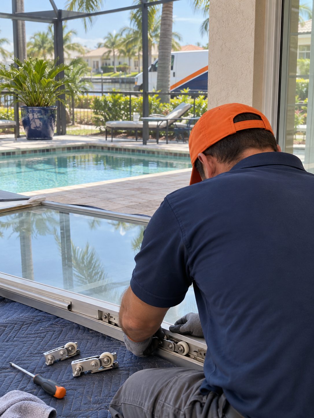 Roller replacement: Sliding door panel out on the lanai, new stainless rollers going in.