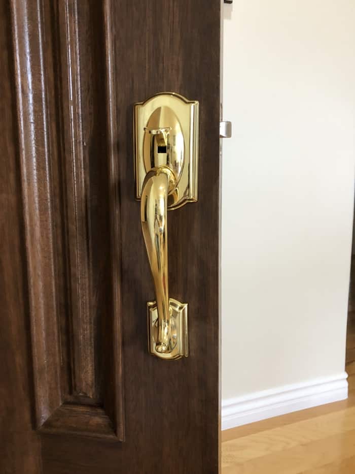 Handleset installation: Brass handleset finished and aligned. One key for the whole set.