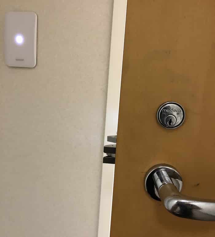 Electrified mortise lock: Office door with a smart reader, before the electrified mortise lock went in.
