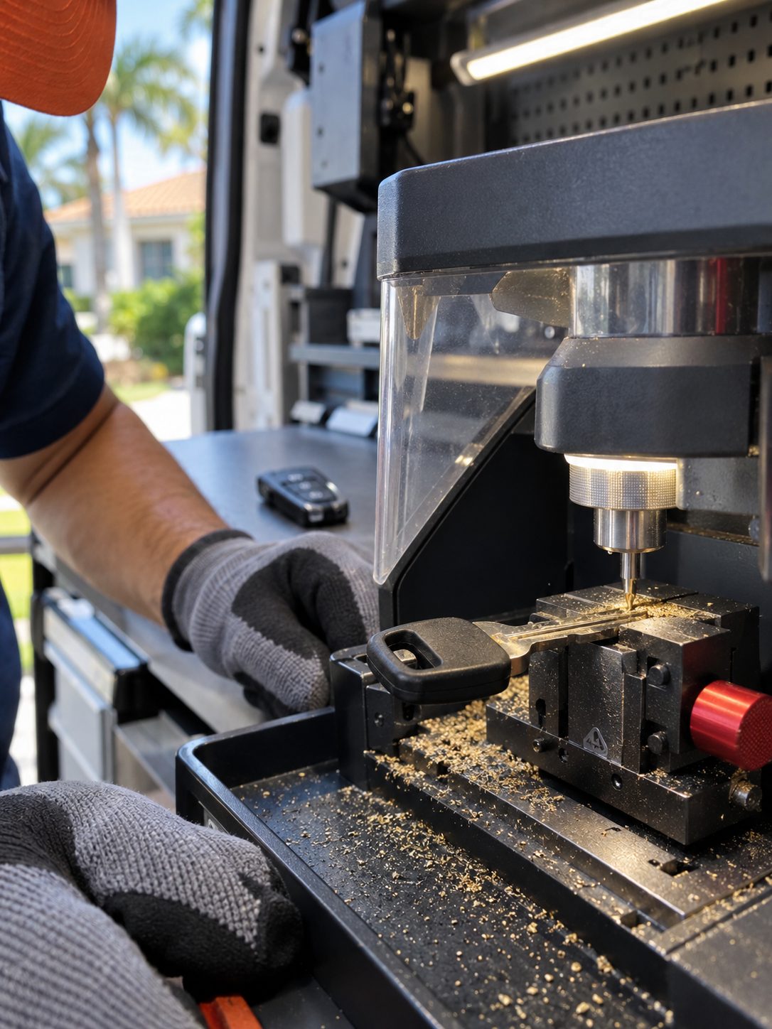 Key cutting in the van: Cutting a car key on the van's machine.