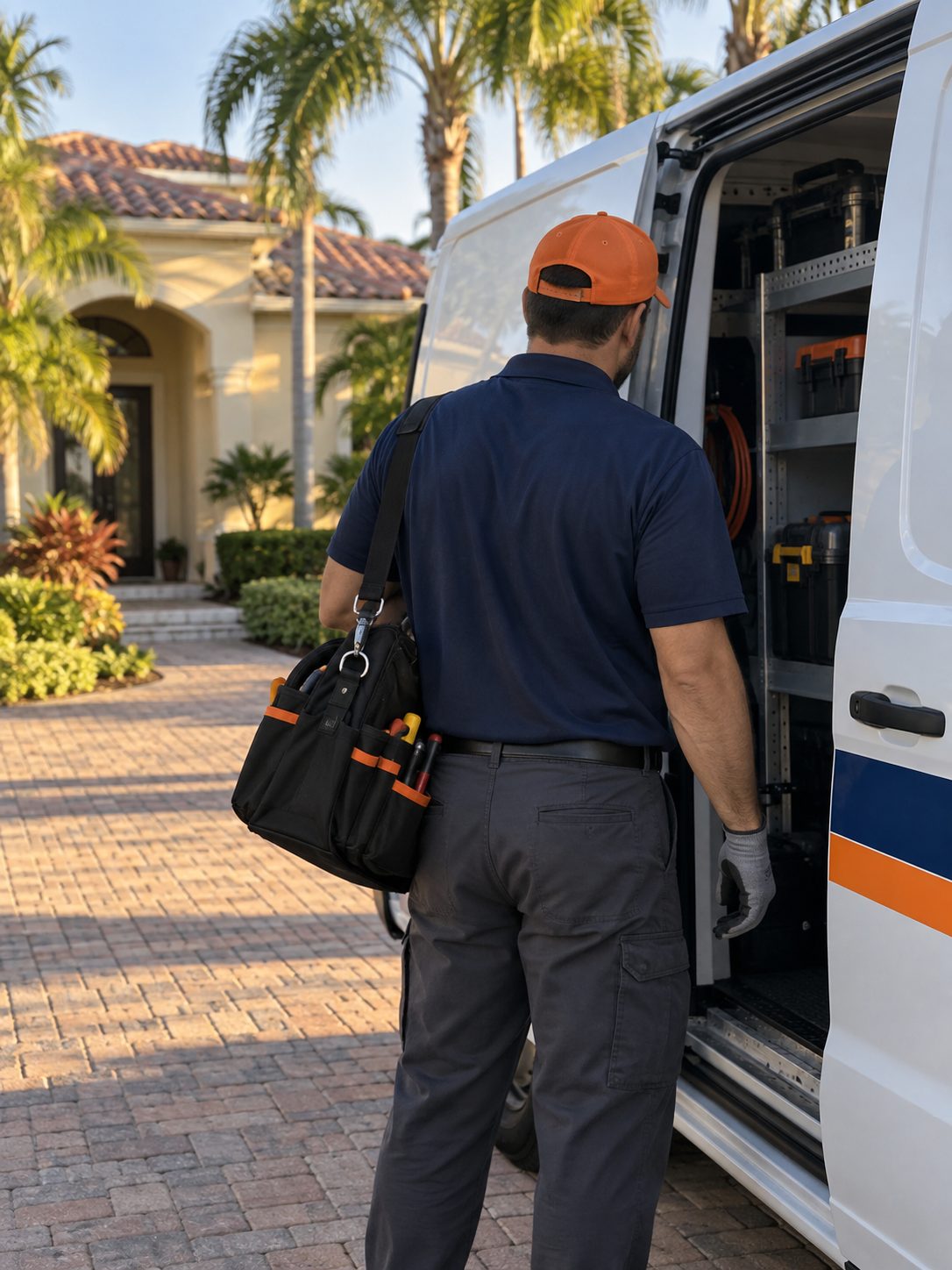 On the way in: Technician heading to a front door with the tool bag.