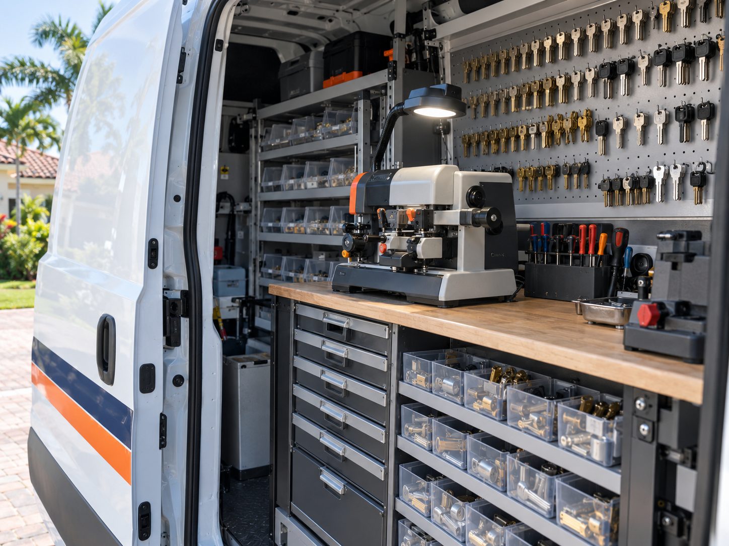 Inside the van: Key machine, lock cylinders, blanks and hardware: the shop comes to you.